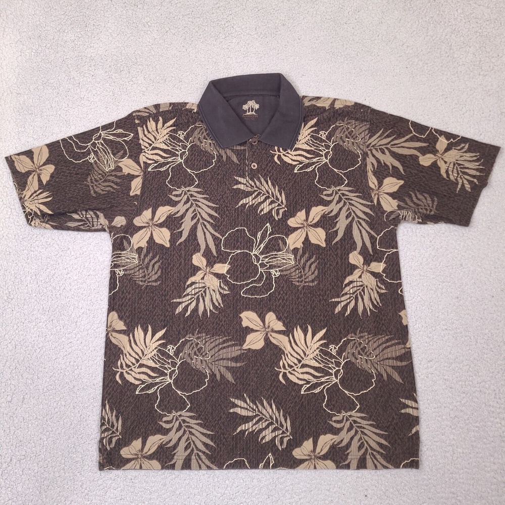 Arrow Polo Shirt Mens Large Brown Black Short Sleeve Golf Hawaiian‎ Tropical